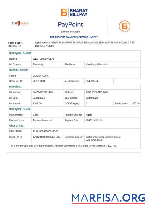 Downloadable INDIA WEST BENGAL ELECTRICITY business utility bill Word and PDF template